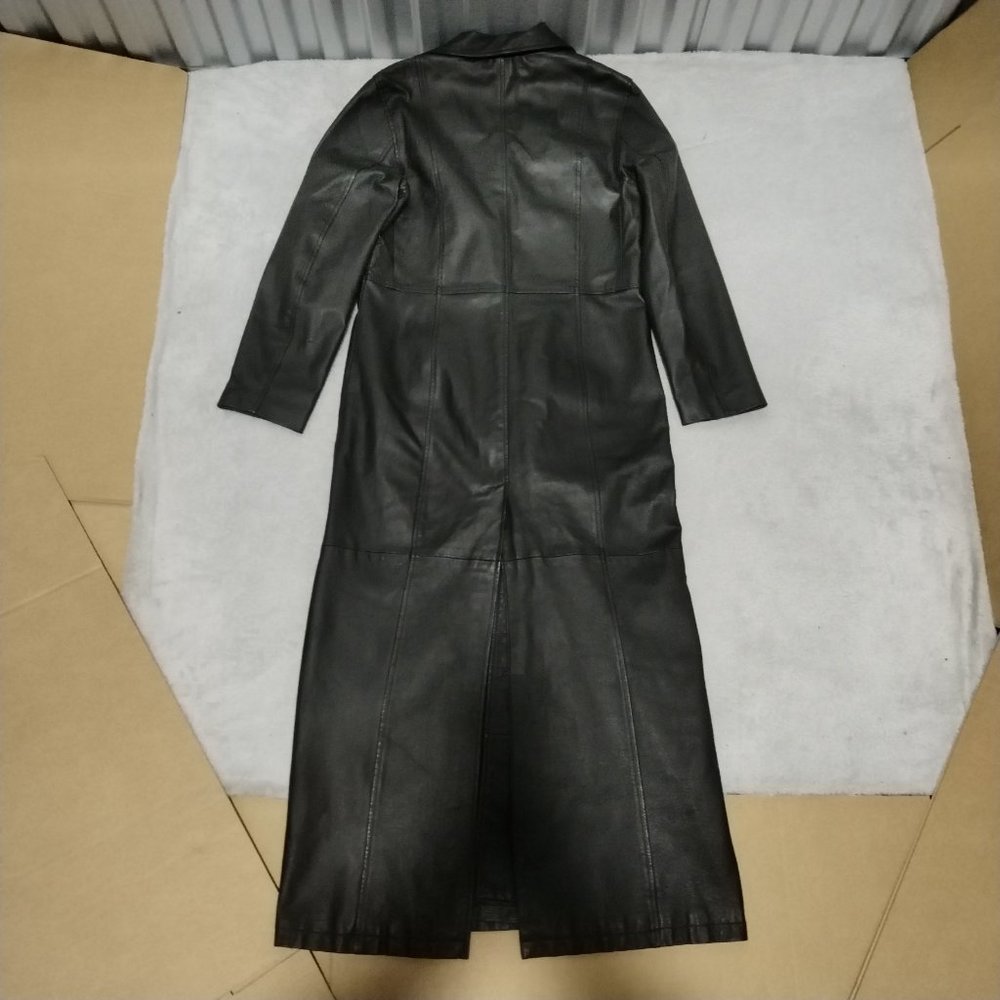 VTG C&A Jacket Women 14 Black Nappa Leather Trench Coat Long Leg Slit Steampunk - Picture 9 of 16